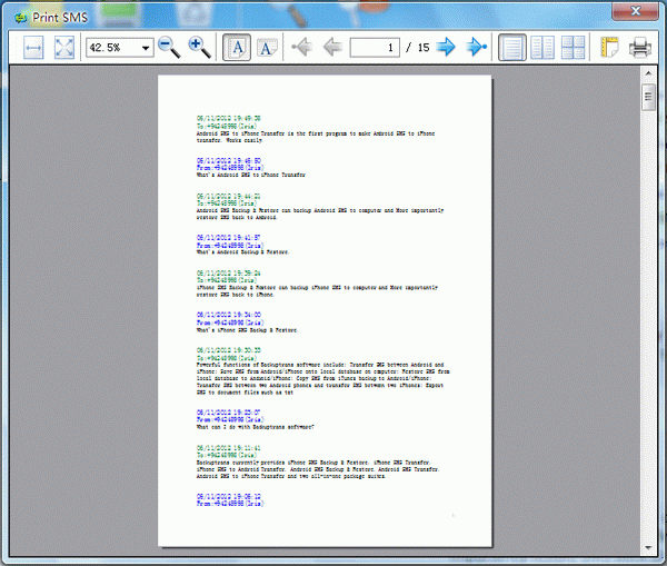 print Android SMS on computer - preview