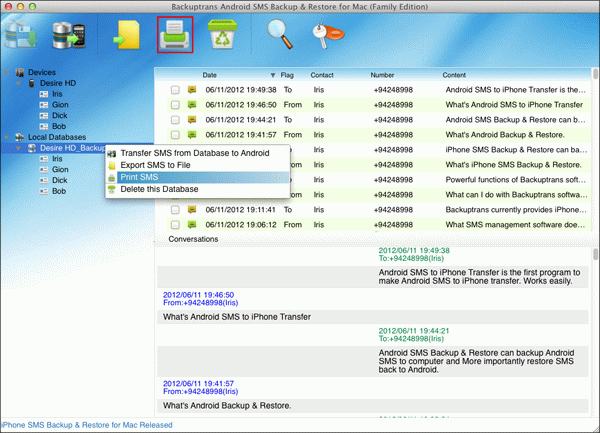 print Android SMS on Mac from database