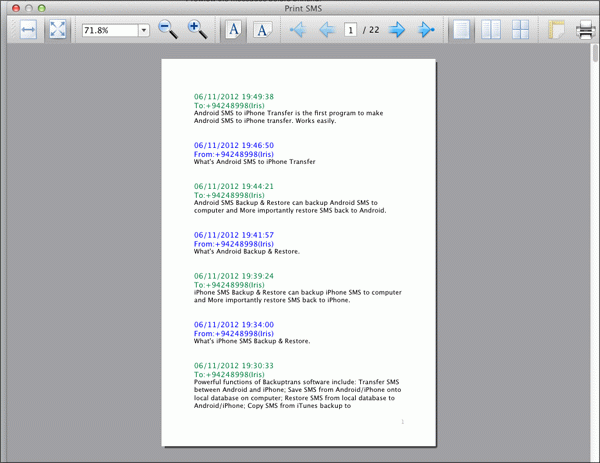 print Android SMS on Mac - preview