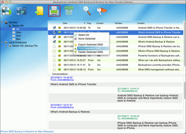 print selected Android SMS on Mac