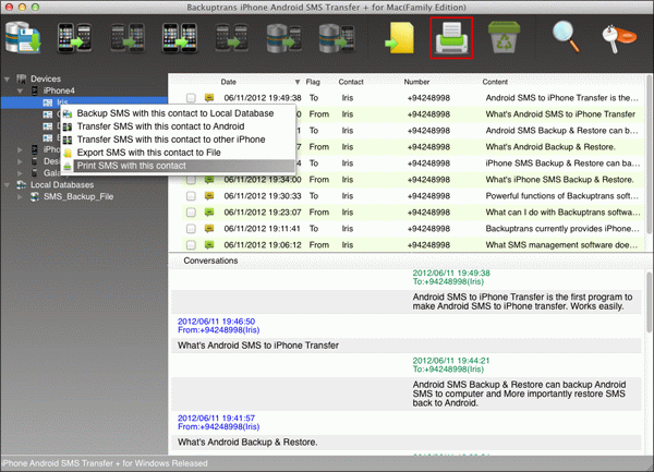 Print iPhone SMS messages with single contact on Mac