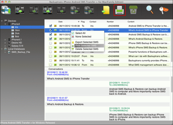 Print selected iPhone SMS messages on Mac