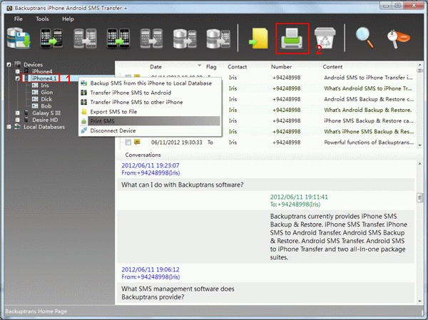 Print iPhone SMS messages in conversations on PC