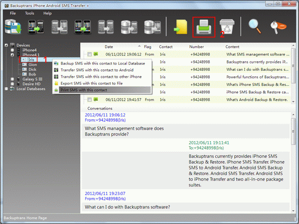 Print iPhone SMS messages with single contact in conversations on PC