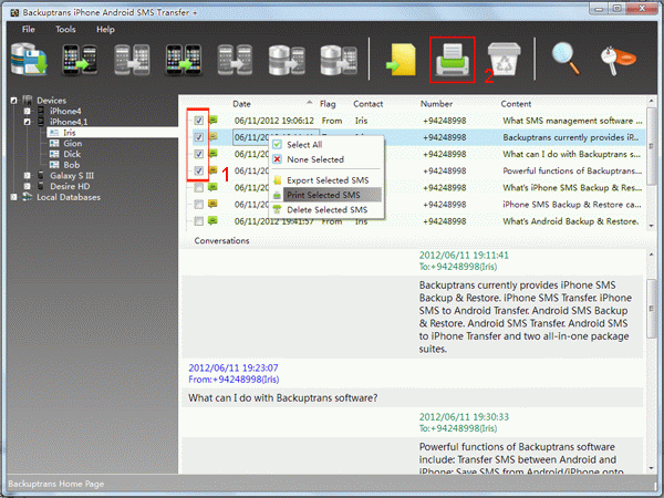 Print selected iPhone SMS messages in conversations on PC