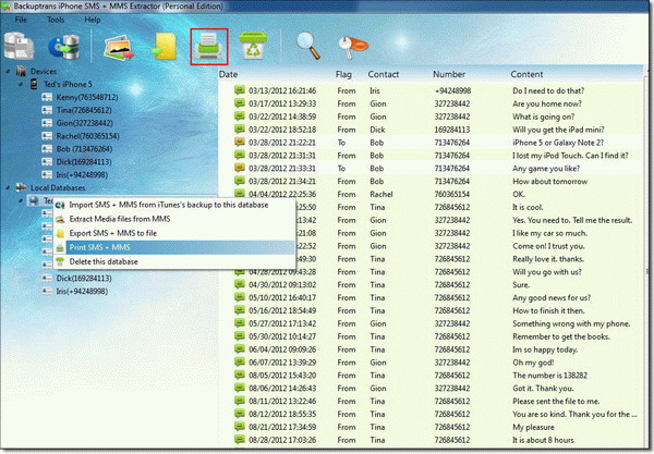 print iPhone text messages from database on computer