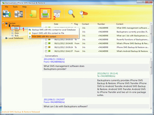 print iPhone SMS with a single contact on computer
