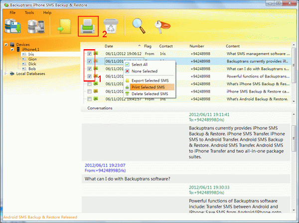 print selected iPhone SMS on computer