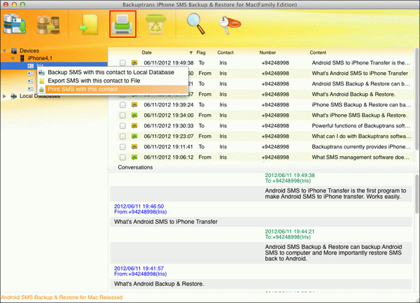 print iPhone SMS with a single contact on Mac