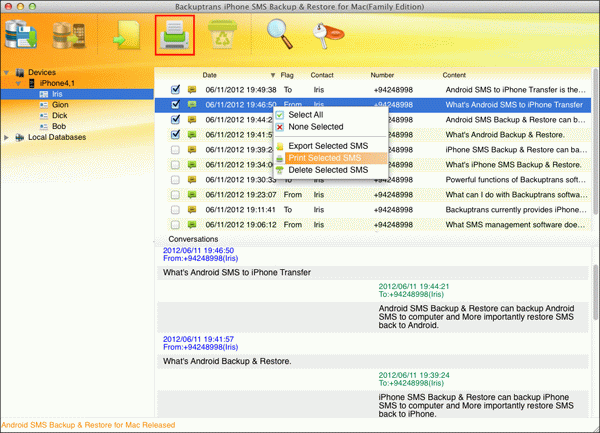 print selected iPhone SMS on Mac