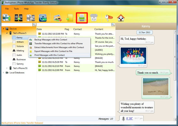 Print iPhone WhatsApp Messages with single contact