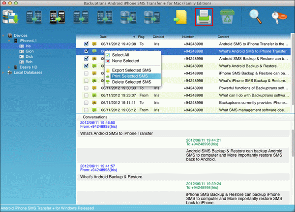 Print selected text messages from iPhone