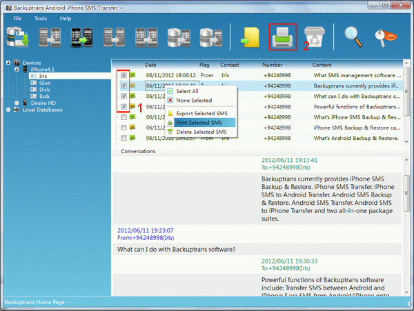 Print selected text messages from iPhone