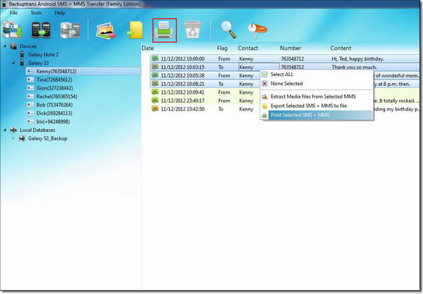print selected Android SMS and MMS on computer
