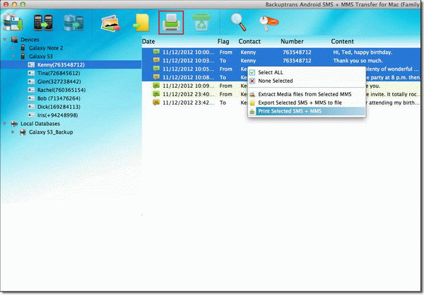 print selected Android SMS and MMS on computer