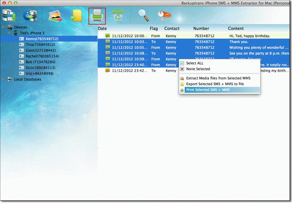 print selected SMS MMS messages from iPhone on Mac