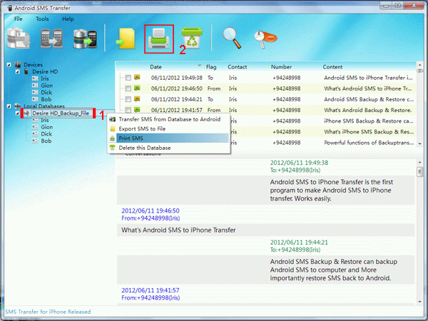 print SMS from Android on computer database