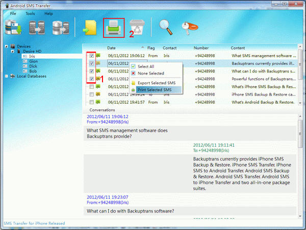 print selected SMS from Android on computer