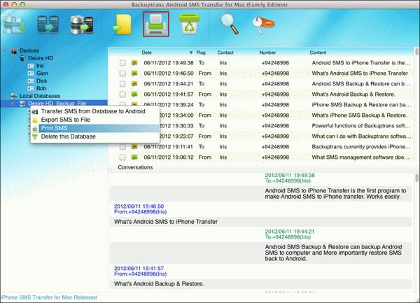 print SMS from Android on Mac database