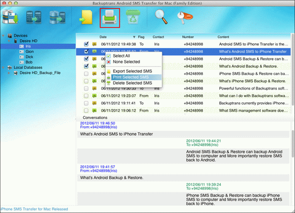 print selected SMS from Android on Mac