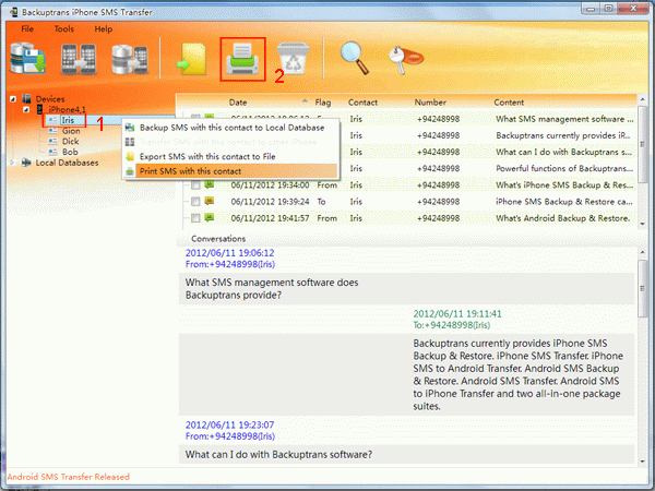 print SMS with a single contact from iPhone on computer