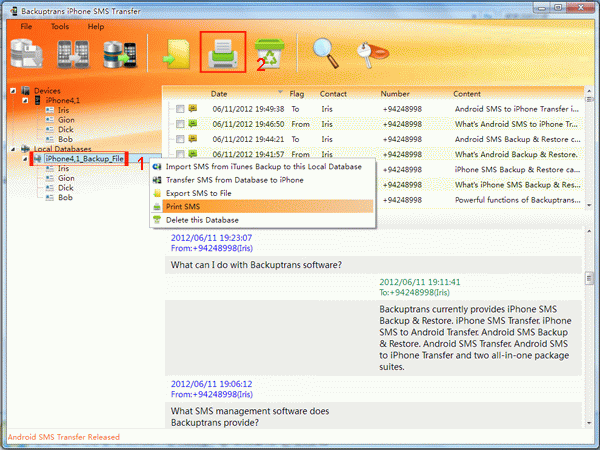 print SMS from iPhone on computer database