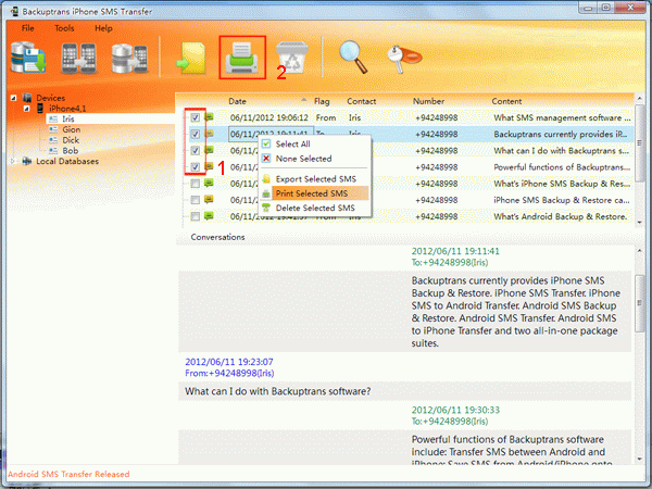 print selected SMS from iPhone on computer