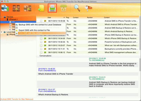 print SMS with a single contact from iPhone on Mac