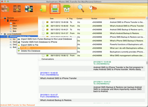 print SMS from iPhone on Mac database