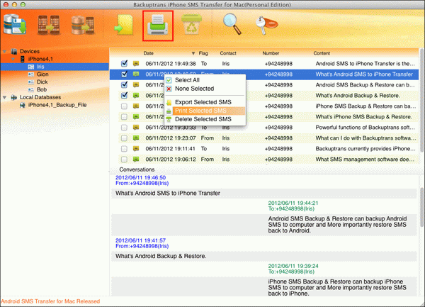 print selected SMS from iPhone on Mac