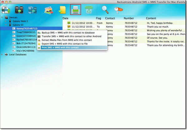 print Android SMS and MMS with single contact on computer