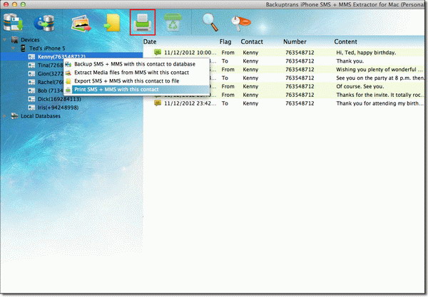 print SMS MMS messages with single contact from iPhone on Mac