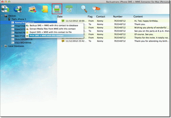 print SMS MMS messages with single contact from iPhone on Mac