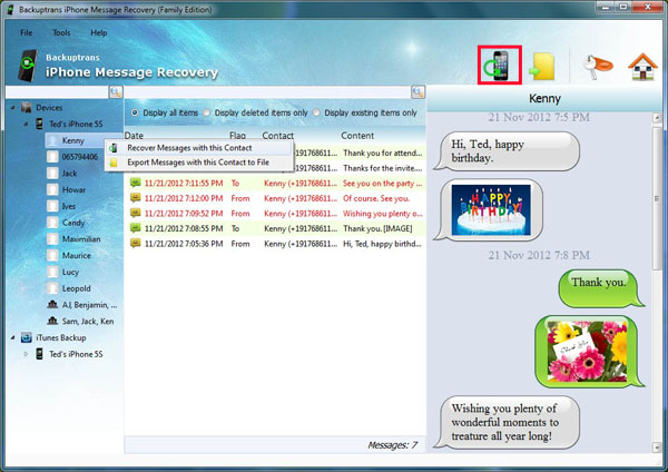 Recover Deleted Messages with single contact from iPhone