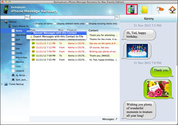 Recover Deleted Messages with single contact to iPhone