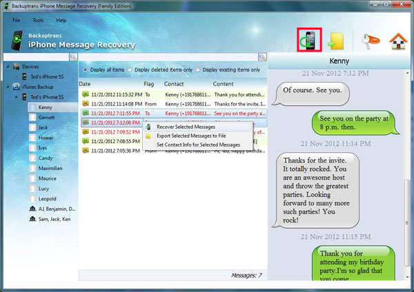 Recover selected SMS MMS iMessage from iTunes Backup
