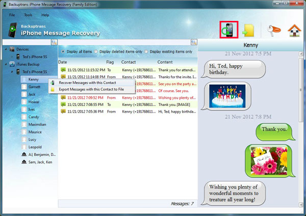 Recover SMS MMS iMessage with single contact from iTunes Backup