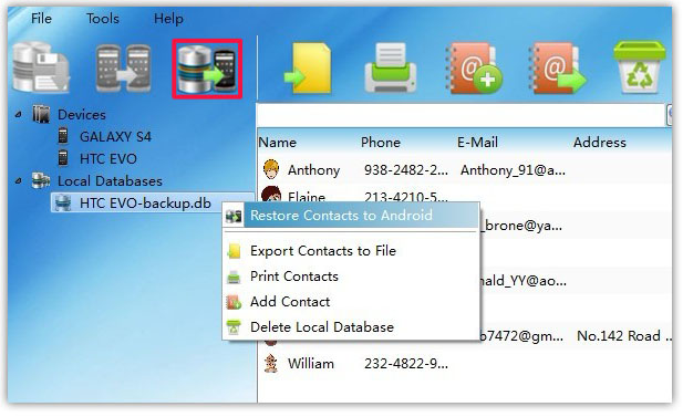 restore all Android Contacts from backup on PC