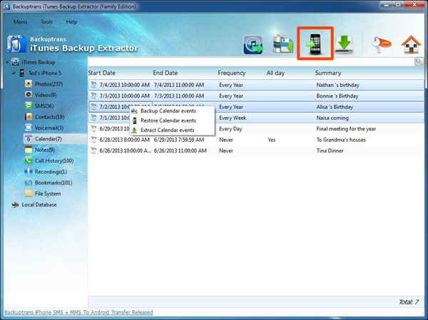 Restore iPhone Calendar Events from iTunes Backup back to iPhone