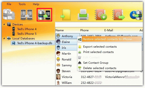 restore selected contacts to iPhone from computer