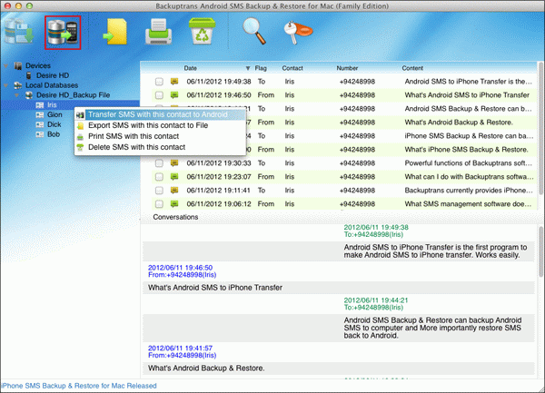 restore SMS to Android from a single contact on Mac