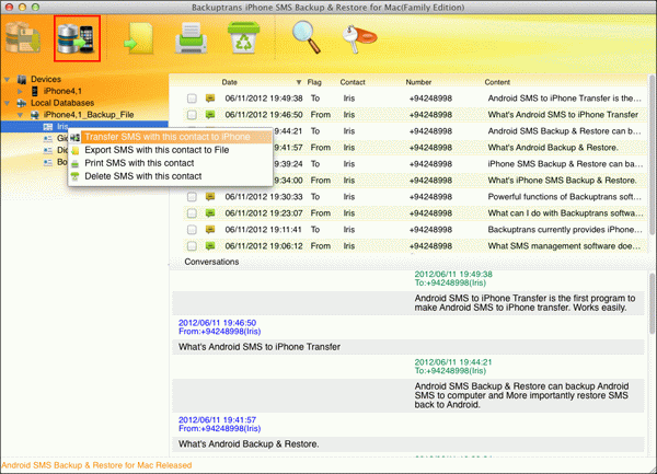 restore SMS with a single contact to iPhone from Mac