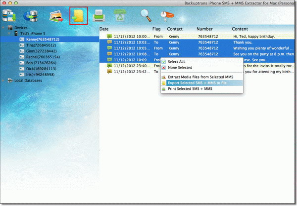 Save selected SMS and MMS from iPhone to file on Mac