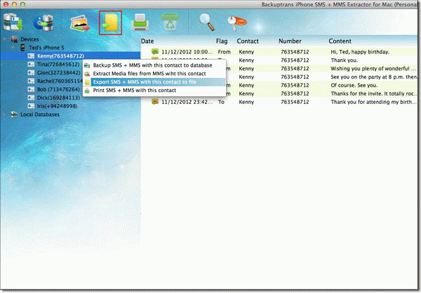 Save SMS and MMS with single contact from iPhone to file on Mac