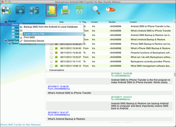 transfer all Android SMS to file on Mac