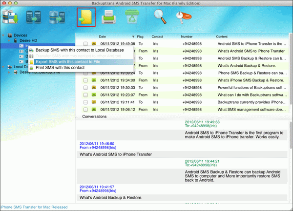transfer Android SMS with single contact to file on Mac