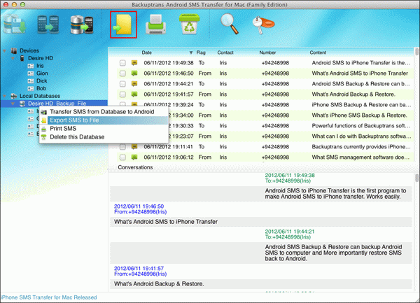 transfer Android SMS to file from Mac database
