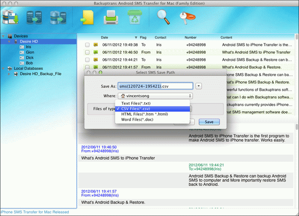 transfer Android SMS to file on Mac to save