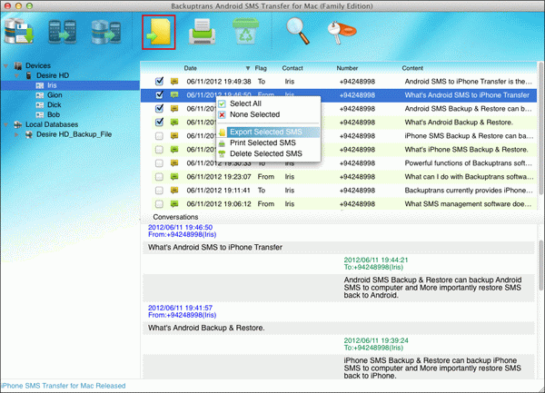 transfer selected Android SMS to file on Mac