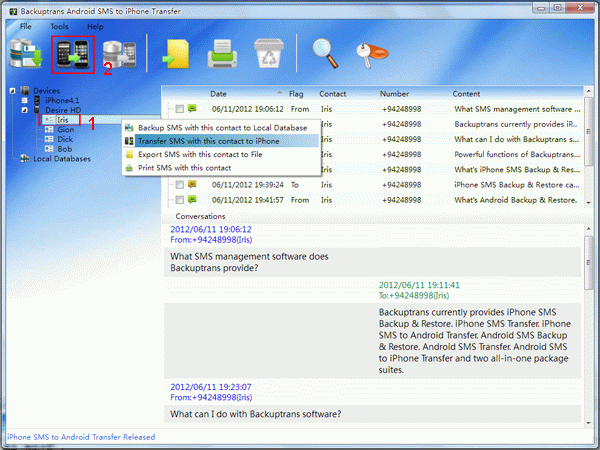 transfer Android SMS messages with single contact to iPhone